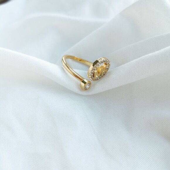 Michael Kors Monogram Logo and Crystal Gold open ring size 8 - Picture 2 of 3